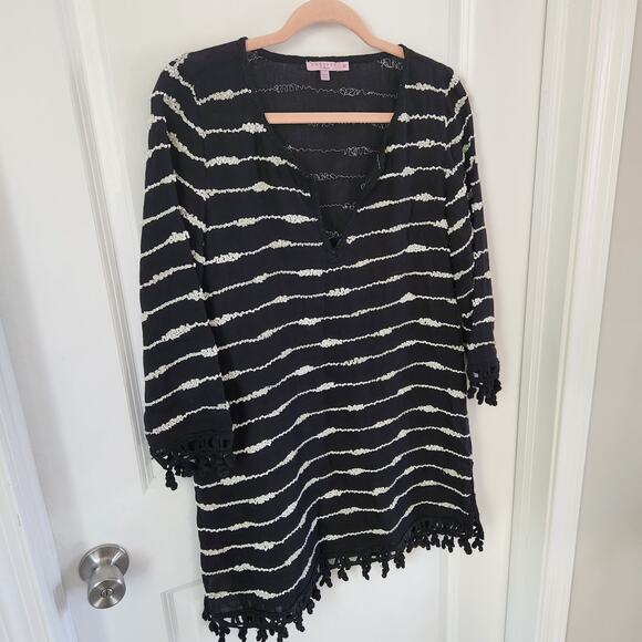Calypso St Barth Women's Black 100% Linen Beaded Tunic Top Coverup Size Medium - Picture 2 of 9